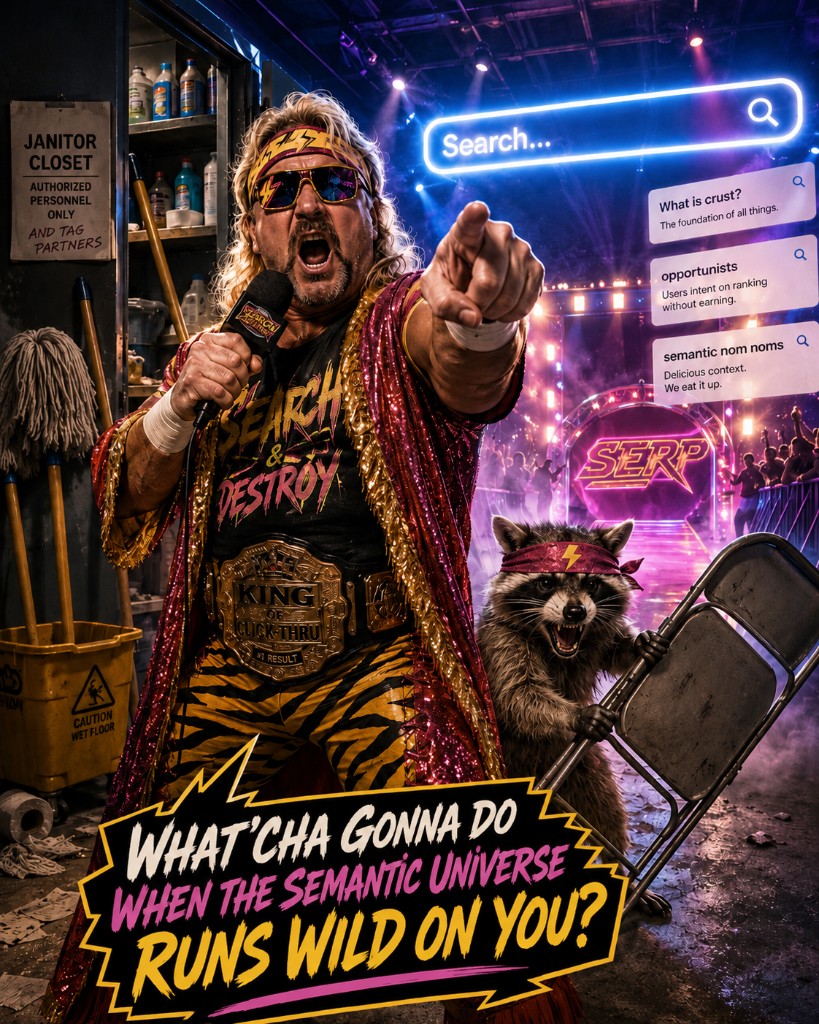 A 1980s-style pro wrestler in a Search and Destroy tank top and King of Click-Thru championship belt shouting into a microphone outside a janitor closet, with a bandana-wearing raccoon holding a folding chair and a neon search bar listing results for crust, opportunists, and semantic nom noms