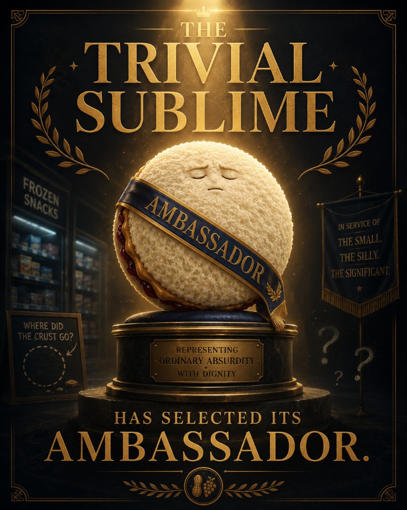An anthropomorphized Uncrustable sandwich wearing an Ambassador sash on a pedestal, titled The Trivial Sublime